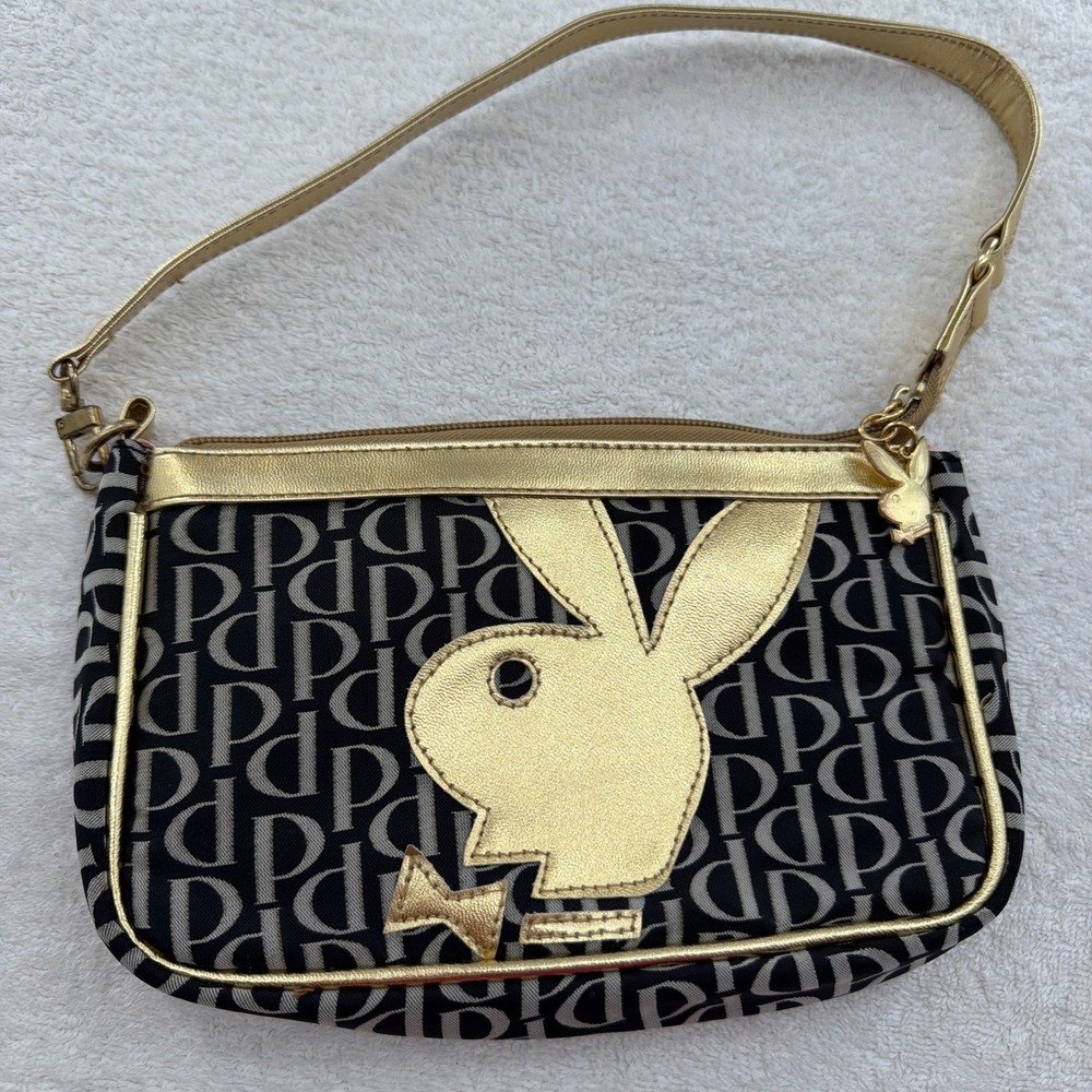 Vintage Playboy Bunny Black and Gold Clutch Purse Shoulder Bag Pink Inside